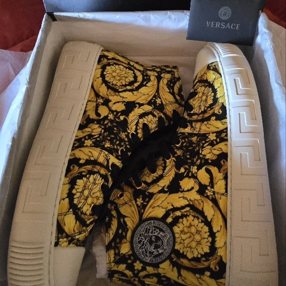 Versace High-Top Sneakers with Yellow and Black Baroque Design